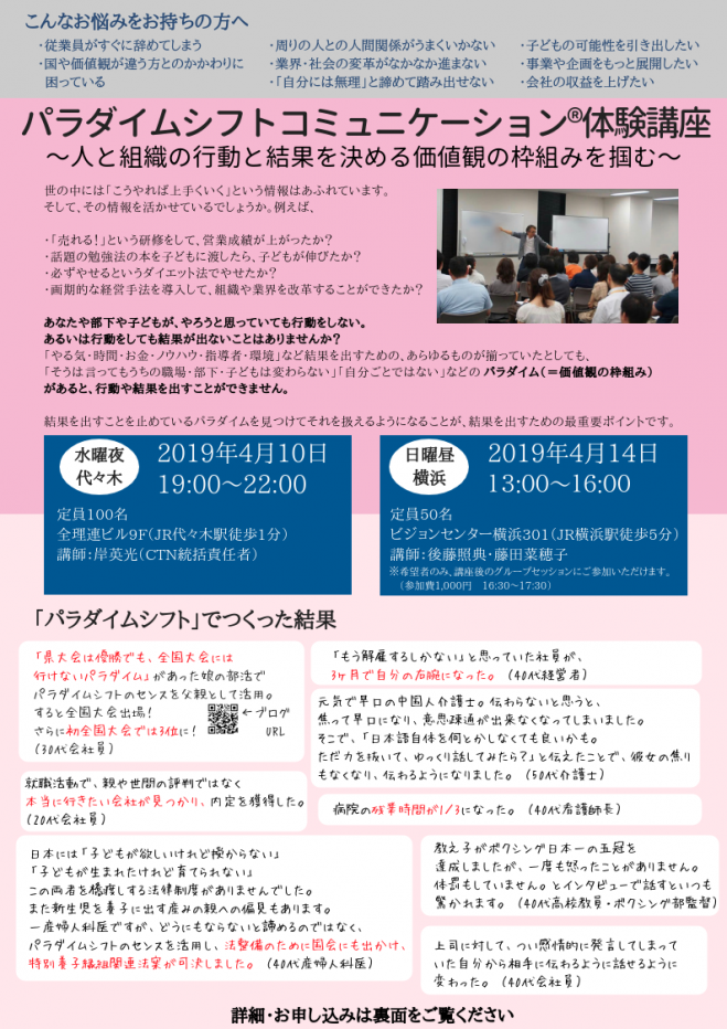 4 10代々木 パラダイムシフトコミュニケーション 体験講座 人と組織の行動と結果を決める価値観の枠組みを掴む 19年4月10日 東京都 こくちーずプロ