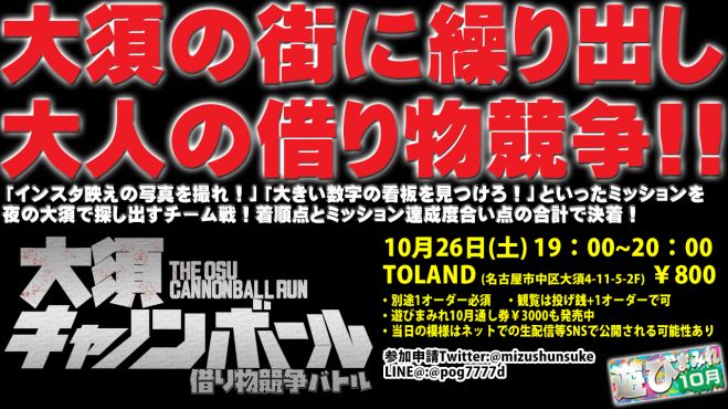 名古屋大須の商店街で大人の本気の借り物競走 はじめましても大歓迎 大須キャノンボール 遊びまみれ 19年10月26日 愛知県 こくちーずプロ 名古屋大須の商店街で大人の本気の借り物競走 はじめましても大歓迎 大須キャノンボール 遊びまみれ 19年10月26日 愛知県 こくちーずプロ