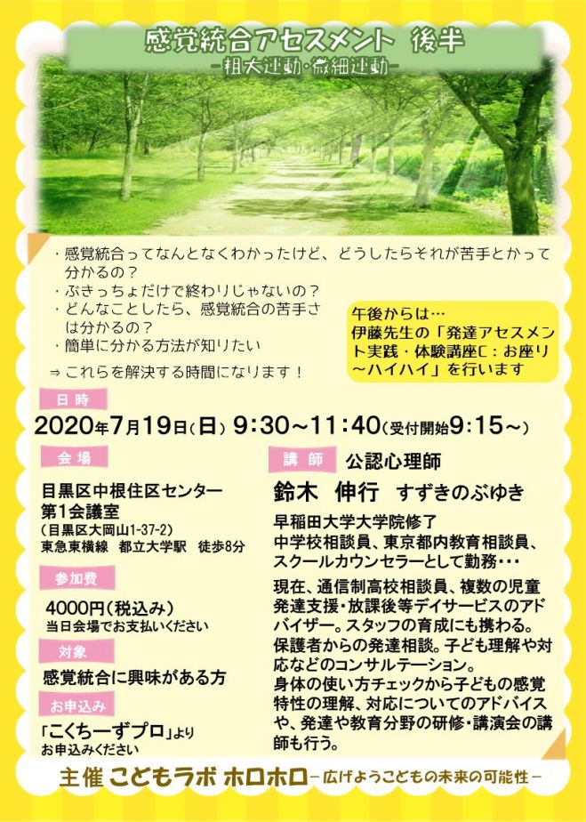 感覚統合アセスメント 後半ー粗大運動 微細運動ー 2020年7月19日 東京都 こくちーずプロ