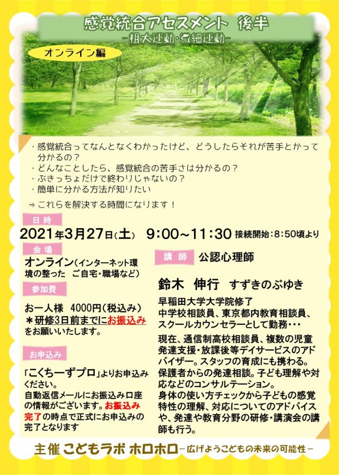 オンライン感覚統合アセスメント 後半ー粗大運動 微細運動ー 21年3月27日 オンライン Zoom こくちーずプロ オンライン感覚統合アセスメント 後半ー粗大運動 微細運動ー 21年3月27日 オンライン Zoom こくちーずプロ