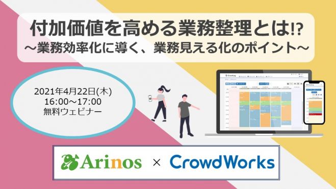 クラウドワークス Arinos共催 付加価値を高める業務整理とは 業務効率化に導く 業務見える化のポイント 2021年4月22日 オンライン こくちーずプロ