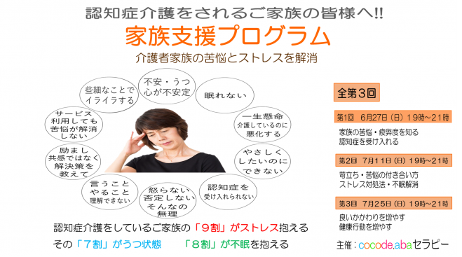 認知症介護をする家族支援プログラム ストレス ケアプログラム 2021年6月27日 オンライン Zoom こくちーずプロ