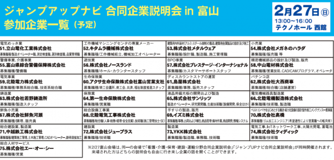とやまジャンプupナビ合同企業説明会 In富山 22年2月27日 富山県 こくちーずプロ とやまジャンプupナビ合同企業説明会 In富山 22年2月27日 富山県 こくちーずプロ