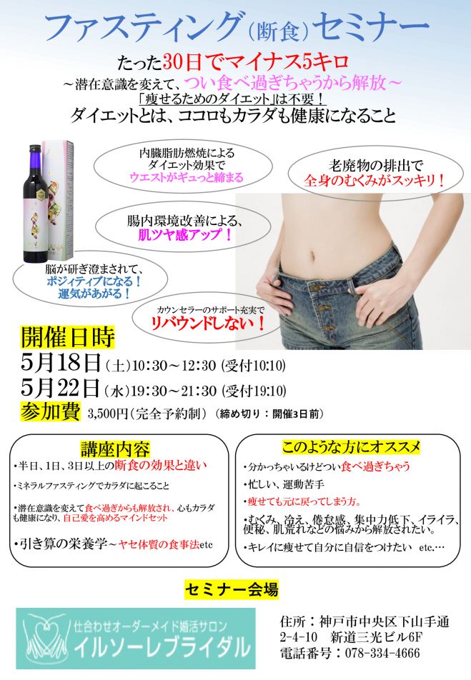 ファスティング 断食 セミナー 三宮 女性向けダイエット編 19年5月18日 大阪府 こくちーずプロ
